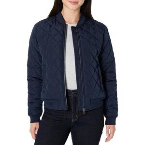 Women's Navy Quilted Bomber Jacket Coat Style Cool Weather Front Zipper Closure